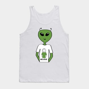 "Believe" T-shirt with Alien Wearing a T-shirt with a Human  (Girl) Tank Top